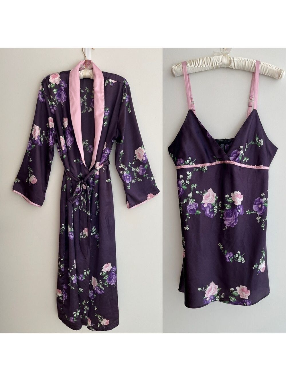 JONES NEW YORK 2 Piece Short Chemise Slip Long Tie Belt Robe Floral Satin